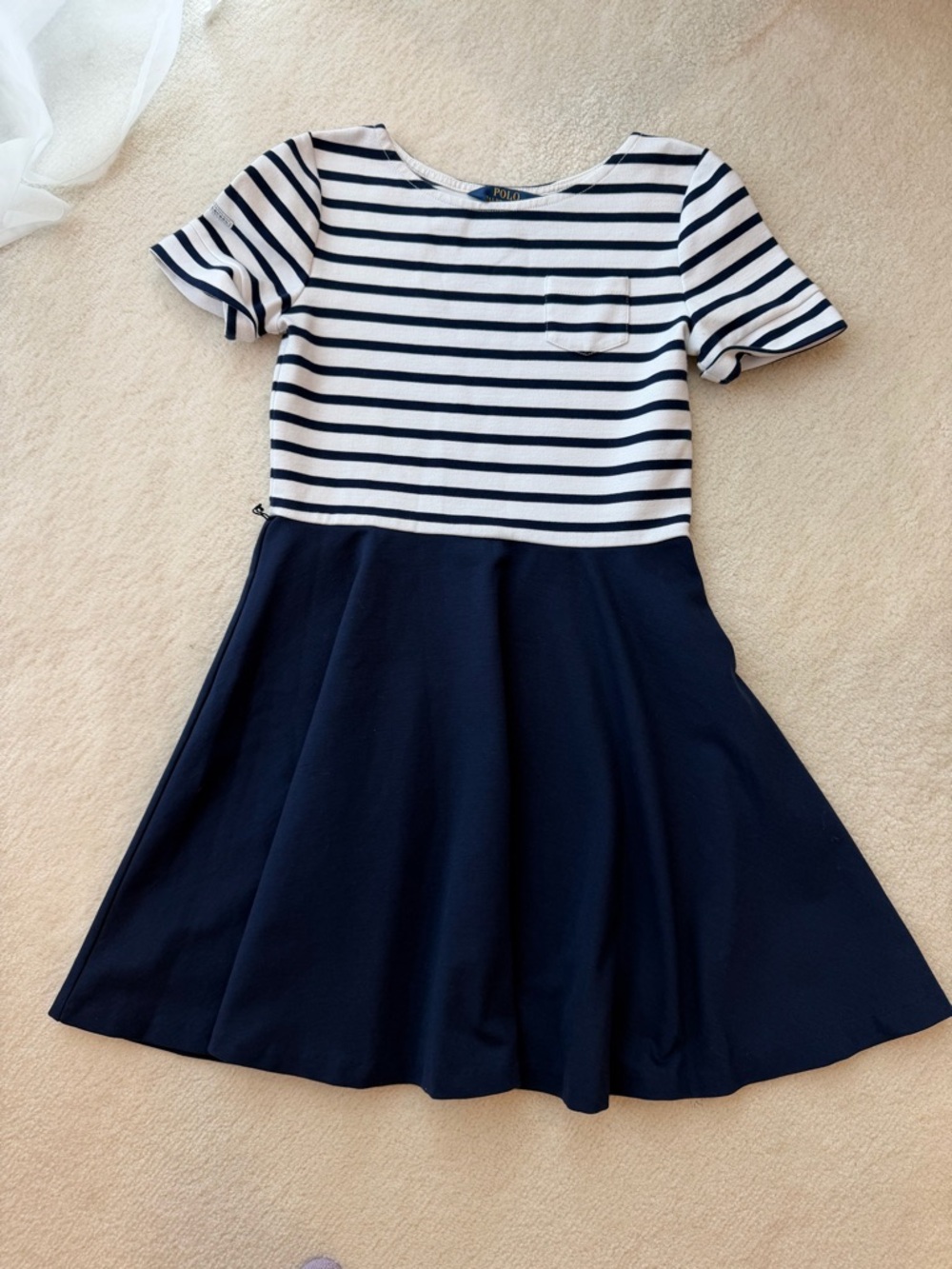 BNWOT Ralph Lauren Girls 12-14 Navy and White Striped Fit-and-Flare Dress